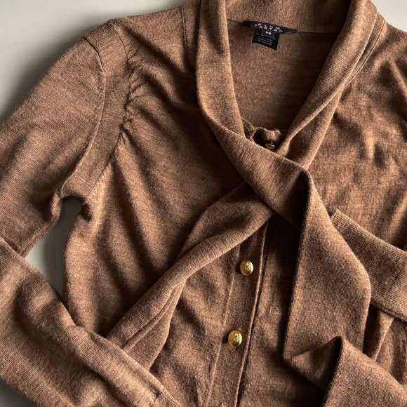 Pink Tartan Merino Wool Caramel Cardigan with Gold Buttons & Tie Neck, sz XS - Picture 8 of 13